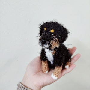May include: A small crocheted Bernese Mountain Dog puppy toy with black, brown, and white fur. The toy is sitting in the palm of a hand.
