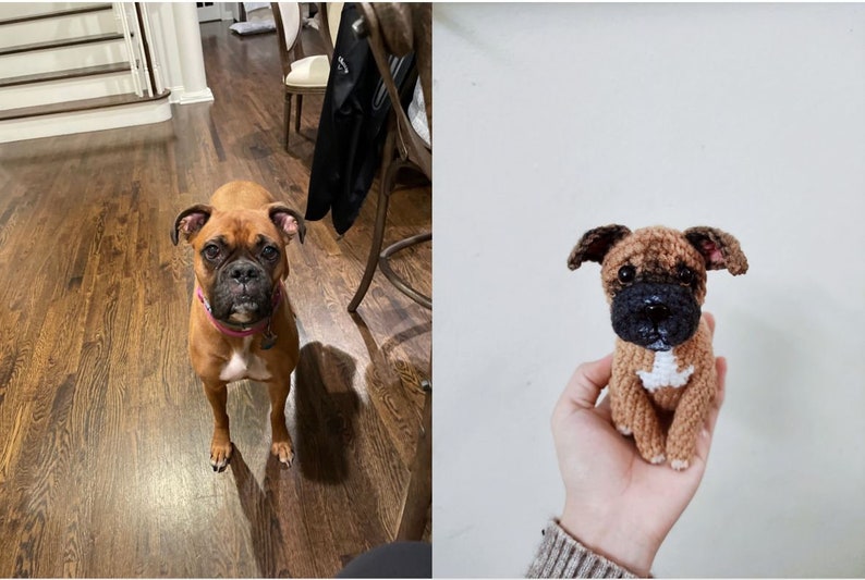May include: A brown and white boxer dog stands on a wooden floor, looking at the camera. Next to the dog is a crocheted stuffed toy version of the dog, held in a person's hand.