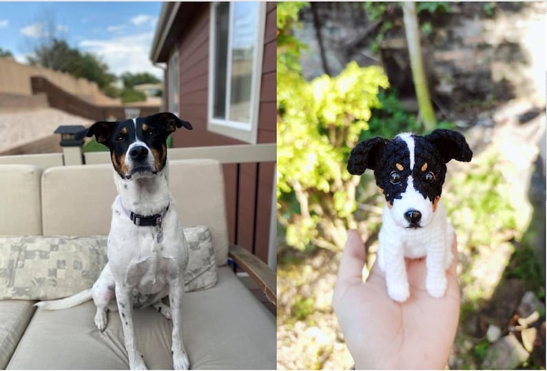 May include: A white and black dog sitting on a couch, next to a crocheted stuffed animal version of the dog.