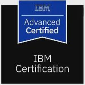 May include: A square black graphic with a blue banner at the top that reads "IBM Advanced Certified." Below the banner, the text "IBM Certification" is displayed in white.