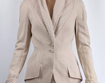 Vintage 1990s genuine Thierry Mugler beige hourglass waist wool blazer designer chic size S