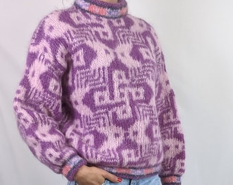 True vintage hand knitted 1980s pastel abstract pattern 100% mohair purple jumper size S/M