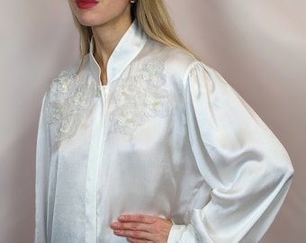 True Vintage 1980s Romantic White Satin Button up Blouse With 