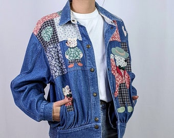 Véritable veste patchwork en denim de coton d’Allemagne de l’Ouest vintage des années 1980 avec de jolis détails d’ours en peluche taille originale S/M