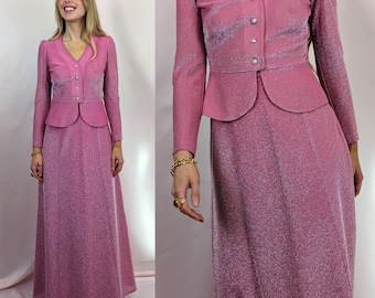 70s vintage disco glam hostess pink skirt suit glittery shiny metallic blouse and A line skirt size S