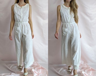 True vintage 1970s cream semi sheer polycotton romantic sleeveless Summer jumpsuit with lace hem and palazzo leg size S