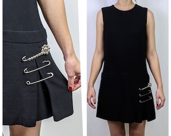 Vintage Y2K/ 90s Moschino Cheap and Chic 100% wool textured mini trapeze black dress with silver safety pins size S