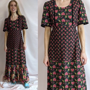 True vintage 1970s 100% cotton maxi floral multicolour cute patchwork vibrant hippie dress size S/M