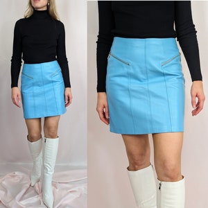 90s/ y2k vintage 100% real leather baby blue pastel mini skirt/ party/ statement/ bold/ fitted/ short/ zippers/ size S