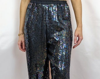 True vintage 1990s DEADSTOCK Ann Green 100% silk navy blue sequin opalescent trousers disco glam party NYE size S/M