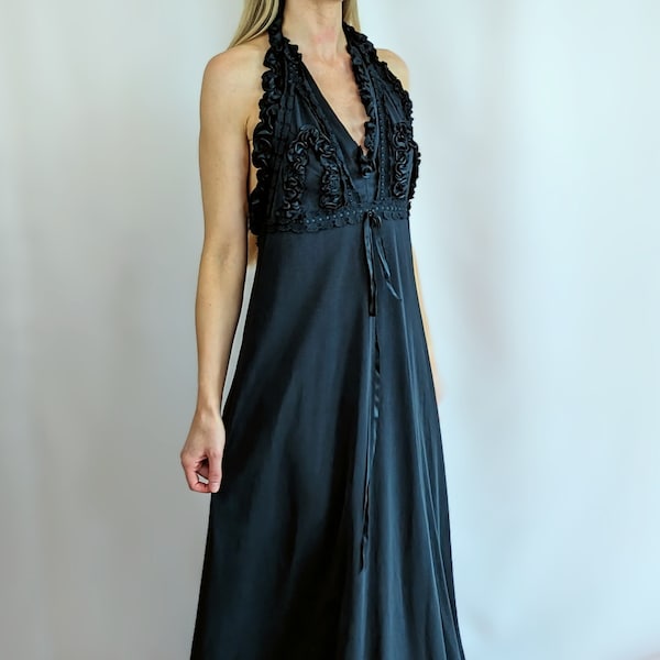 90s vintage black halter neck tie backless maxi nightgown/ 3D appliques/ chic/ glam/ pyjamas/ night robe size S/M