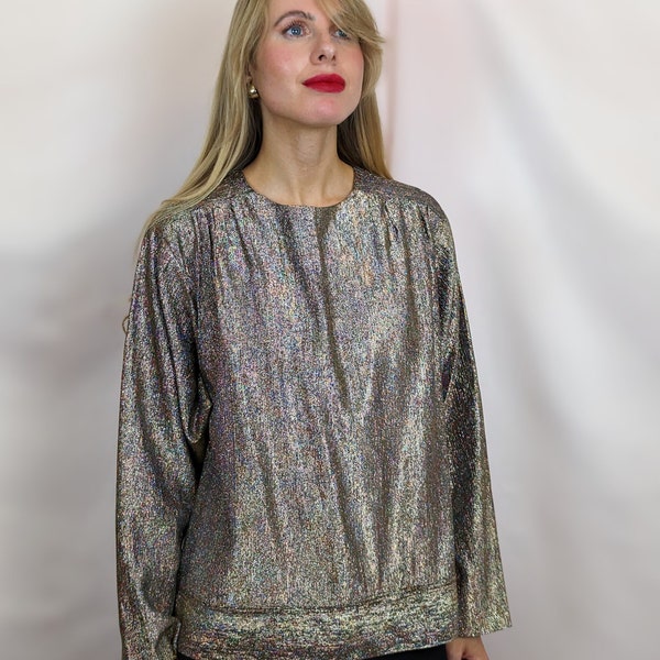 True vintage 1980s shiny metallic silver batwing blouse minimalist chic disco party glam size M