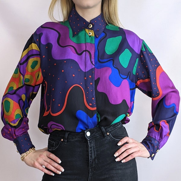 True vintage 1980s / 1990s multicolour abstract print  100% silk blouse by Louis Féraud size S/M