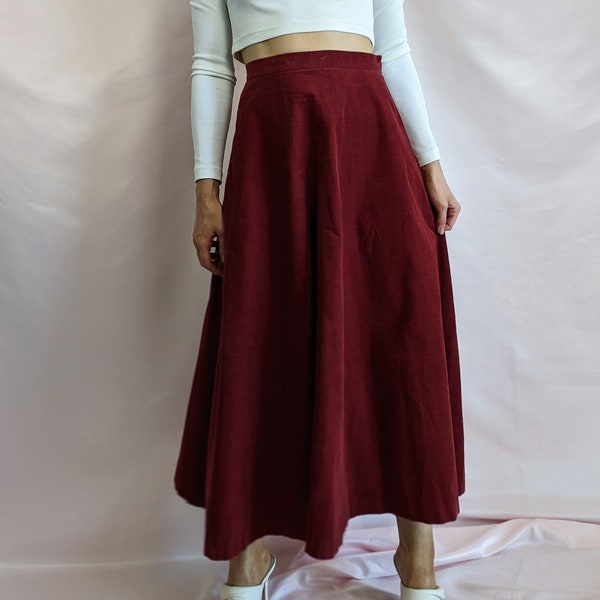 True vintage 1990s 100% cotton corduroy burgundy skater maxi skirt by Norma Kamali essential casual size S/XS