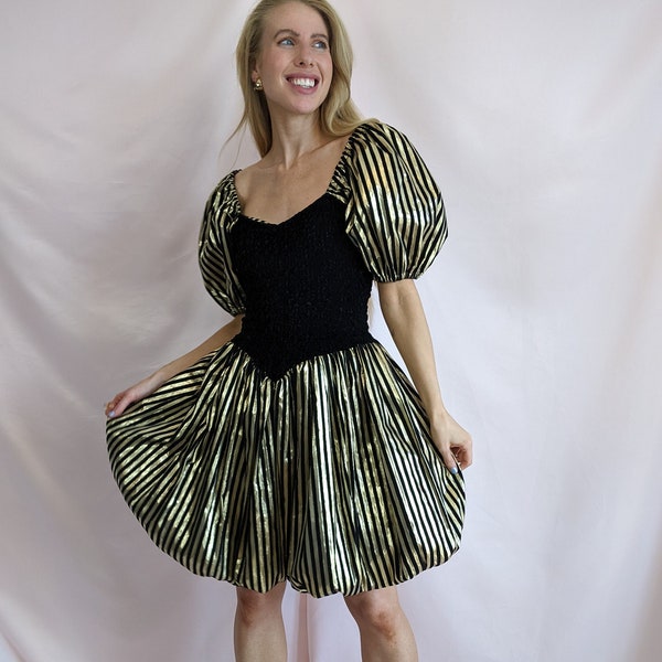True vintage 1980s West Germany black and gold striped puff sleeve mini bubble party dress disco shiny party chic size S