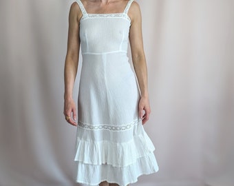 70s vintage white cotton midi dress by Shelana London/ textured/ cheesecloth / Summer/ sleeveless / crochet trims size XS