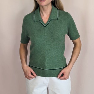 70s vintage short sleeve knitted sweater top/ dusty green/ collared/ MOD/ casual/ preppy/ wool/ angora size S image 1