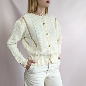 True vintage 1980s wool blend Austrian traditional hand knitted cream cardigan w gold tone details size S/M