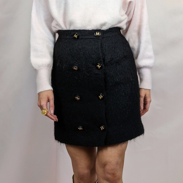 Véritable vintage des années 1990 Mondi laine et mohair mini jupe portefeuille avec boutons décoratifs de marque chic mignon Automne Hiver taille S