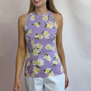 True vintage Y2K 2000s Moschino 100% wool lilac sleeveless top with floral daisy pattern quirky cute pastel chic size S/ XS image 1
