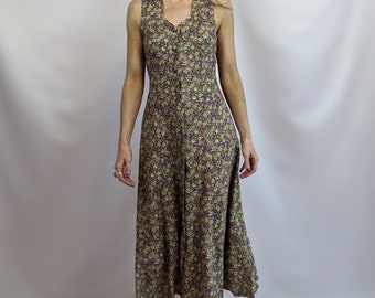 90s vintage viscose midi button up sleeveless Summer dress/ olive green/ floral/ cross back/ casual/ cute/ girly size S/ XS