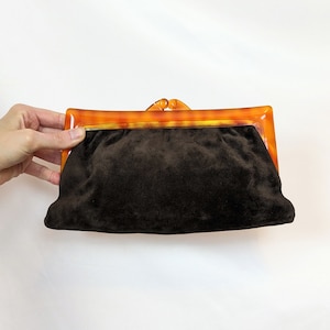 140 70s vintage real leather suede brown handbag clutch with contrasting orange closure MOD/ retro/ casual