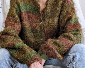 True vintage hand knitted 1990s mohair and wool striped ombre green and brown fuzzy cosy cardigan size S/M