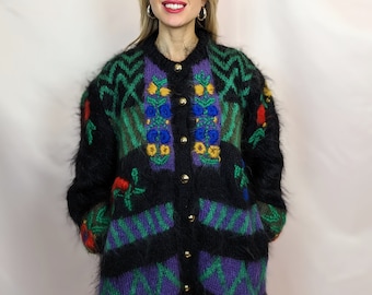 140 90s vintage hand knitted mohair oversize multicolour cardigan fuzzy hairy floral embroidery size M/L