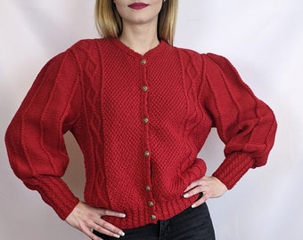 True vintage 1980s 100% wool red hand knitted handcrafted Austrian traditional Trachten cardigan puff sleeves size S/M
