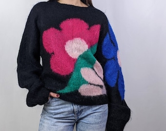 True vintage 1980s shaggy slouchy hand knitted mohair jumper with large flower pattern size S/M