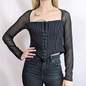 True vintage 90s /2000s ribbed black Joseph Ribkoff corset top with mesh sleeves hot party trashy chic size S