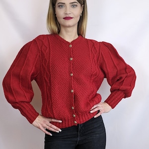 True vintage 1980s 100% wool red hand knitted handcrafted Austrian traditional Trachten cardigan puff sleeves size S/M