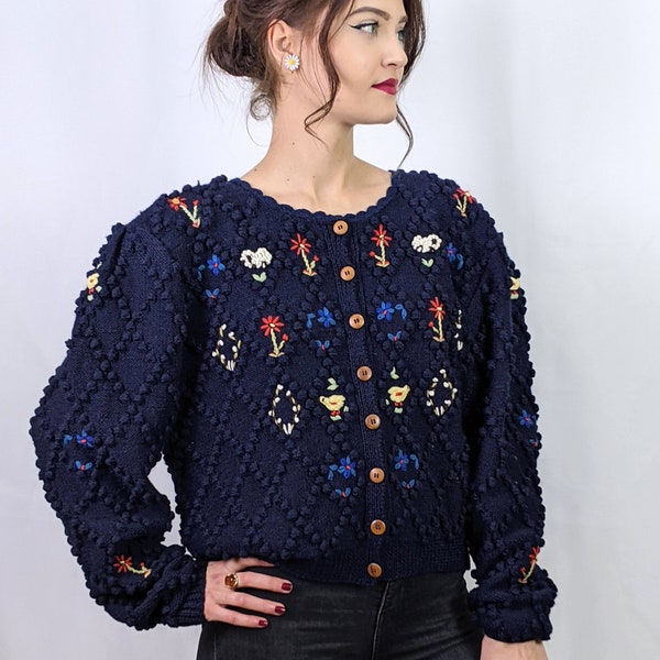 Vintage 1980s 100% wool popcorn navy blue cardigan with cottage motif hand embroidery size M/L