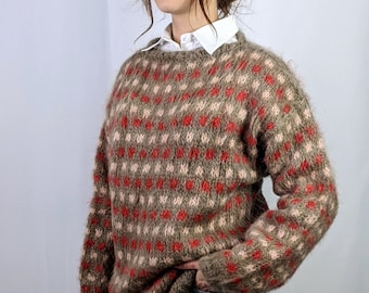 Vintage 1990s hand knitted mohair jumper taupe red and pink geometric print fuzzy cozy cute size S/M
