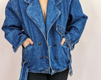 90s vintage denim 100% cotton indigo blue oversized double breasted collared jacket/ layering/ streetwear/ belted/ pockets/ casual/ size M