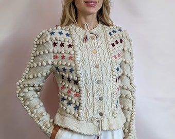 True vintage 1980s hand knitted 100% wool beige bobble Tyrolean Austrian folk puff sleeve cardigan with floral embroidery size S/M