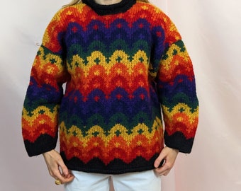 Handgestrickter handgestrickter Vintage-Pullover aus 100 % Wolle aus den 90er Jahren/mehrfarbig/Indie/Herbst/Winter/gemütlich/schwer/warm/lebendig, Größe M