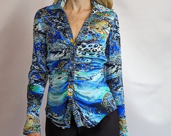 True vintage late 90s/ 2000s silk abstract pattern ruched chic button up blouse by Cache size S
