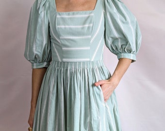 True vintage 1980s cotton drindl folk Austrian puff sleeve dress sage green pastel striped skater 100% cotton size S