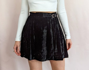 y2k 00s vintage Blumarine black velvet mini pleated skirt with diamante buckle/ high waist/ school girl/ glam/ chic/ rayon/ size S