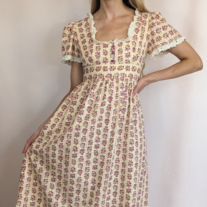 70s vintage Sherman of London maxi puffy sleeve romantic floral dress/ cotton/ Summer/ cottagecore/ lace trims/ A line/ size XS image 1