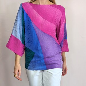 90s vintage 100% silk Flora Kung upcycled re-worked batwing style sleeve top/ multicolour/ statement/ chic/ party/ colour block size S/M