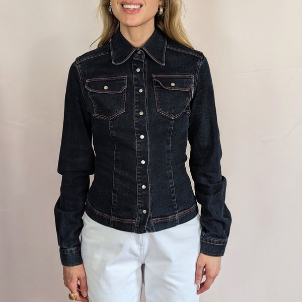 Années 90 Gianfranco Ferre Jeans chemise boutonnée en coton denim bleu marine/ manches longues/ décontracté/ sportif/ streetwear/ ajusté/ bodycon taille S