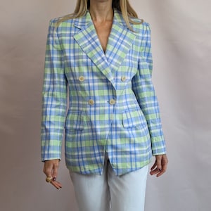 Echter Vintage-Blazer von Escada von Margaretha Ley aus den 1990er Jahren, 100 % Baumwolle, lässiger Chic, karierter pastellfarbener Blazer, Größe M
