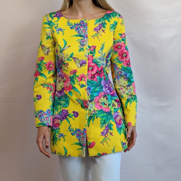 True vintage 1990s cotton multicolour floral bright extravgant hourglass blazer jacket by Georges Rech chic glam extravganza size S