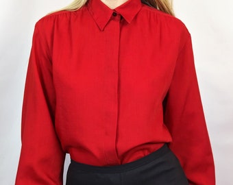 140 True vintage 1990s 100% wool dark red minimalist essential button up blouse / shirt versatile preppy simple size S/M