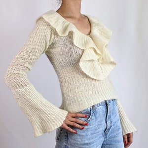 Vintage late 1990s/early 2000s Y2K Escada Sport mohair blend cream ruffle collar flute sleeve sweater jumper size S