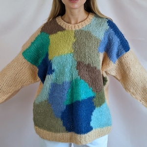 Vintage 90s hand knitted mohair oversize shaggy boxy pastel multicolour sweater jumper abstract pattern lightweight cosy size M