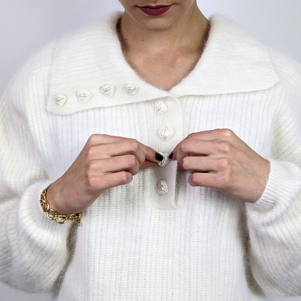 Vintage 1990s white fuzzy soft collared angora jumper with beautiful buttons size S/M