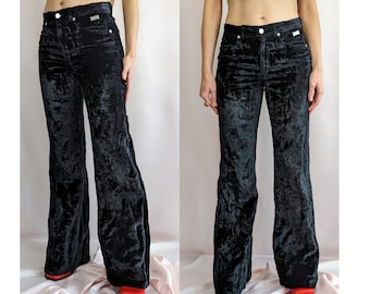 y2k 00s vintage Ferre Jeans crushed velvet deep black flared mid rise trousers / goth/ chic/ minimalist/ designer size S